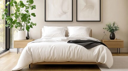 An minimalist bedroom interior, soft neutral tones, king size bed with rumpled white linens, two minimalist wooden nightstands, potted plant, large window with natural light, framed abstract wall art,