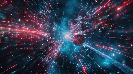 Wall Mural - abstract cosmic background with bright light streaks and a planet in the distance.