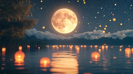 Poster - Serene Landscape of a Glowing Full Moon Reflecting on a Calm Lake Surrounded by Sparkling Stars and Floating Lanterns Evoking the Peaceful Beauty of the Mid Autumn Festival