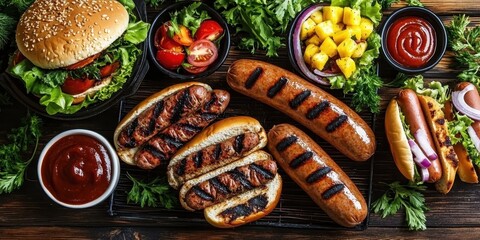 Wall Mural - Grilled sausages, burger patties, hot dogs, buns, lettuce, tomatoes, onions, pineapple salsa, mustard, ketchup, herbs, wooden table