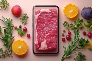 Wall Mural - A close up of a piece of meat and a few fruits and vegetables