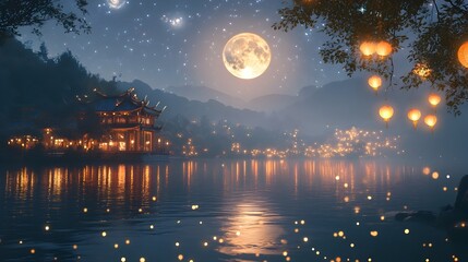 Poster - Dreamy and tranquil lakeside view during the Mid Autumn Festival with the full moon reflecting on the still water surface surrounded by sparkling stars and glowing lanterns creating a magical