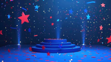 Wall Mural - 3D rendering of a blue podium with confetti and stars in a dark blue studio.