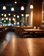 Wall Mural - wooden tabletop with bokeh view of a cozy coffeeshop