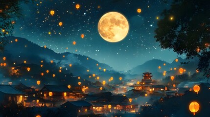 A peaceful and cozy village nestled under a glowing full moon and a sparkling starry night sky with twinkling lanterns and festive creating a dreamy