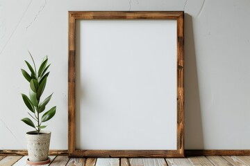 Wall Mural - Frame Mock-up: Vertical Wooden Frame Poster on White Wall and Wooden Floor