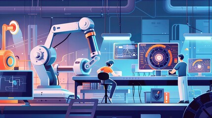 Poster - Two people working on computers in a factory setting with a robotic arm in the background.