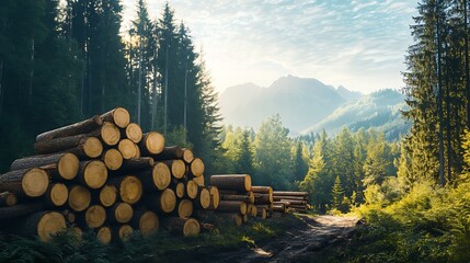 Poster - Stacked Log Pile in a Forest Clearing with Mountain Views