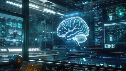 Poster - Futuristic control room with a digital brain image on a monitor.