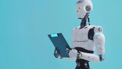 Poster - Modern robot holding a clipboard against a solid blue background. Representation of AI, futuristic work environments, and technological efficiency