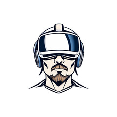 Virtual Reality Goggles. Vector illustration of a guy using virtual reality glasses. Vintage VR Mascot logo design 