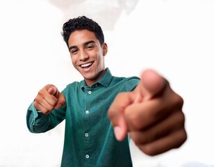 young hispanic man wearing casual clothes pointing camera fingers smiling positive cheerful