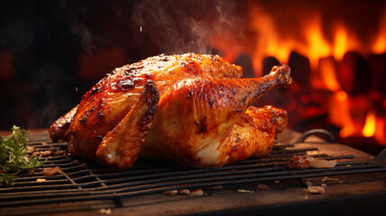 Whole chicken on grill with smoky coal glow and flames, checked with food thermometer.