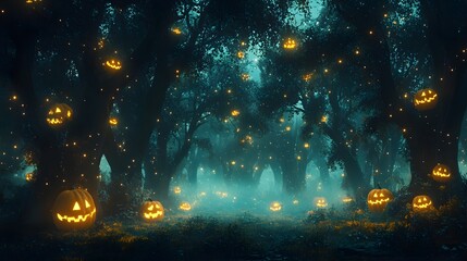 Wall Mural - Eerie Forest Clearing with Glowing Jack o  lanterns and Swirling Fog on Halloween Night  Mysterious and atmospheric landscape with a spooky enchanting vibe perfect for Halloween and autumn themes