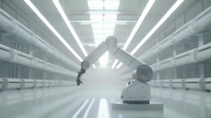 Poster - Robotic arm in a bright, sterile high-tech lab, symbolizing advanced automation and precision in modern industry. AI-driven manufacturing and futuristic technology