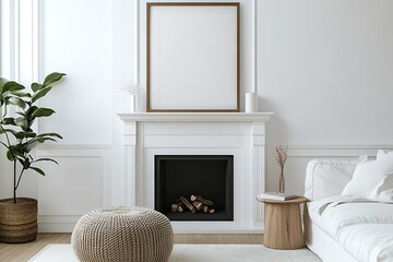 pouf and side table near white sofa against fireplace and white wall with poster frame. minimalist i