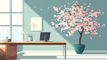 Sticker - Modern Office Space with Cherry Blossom Tree and Desk