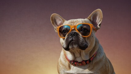 French Bulldog wearing orange glasses in front of a gradient sky