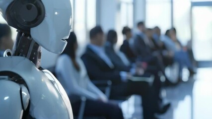 Poster - Humanoid robot in a modern waiting room surrounded by humans, representing the coexistence of AI and people in everyday settings. Future of human-robot interaction.