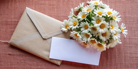 Daisies arranged beside an envelope on a textured surface.