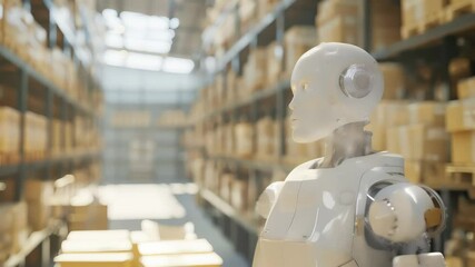 Poster - Warehouse robot managing logistics in a modern storage facility surrounded by packages. Illustration of automation and AI in supply chain and inventory management.