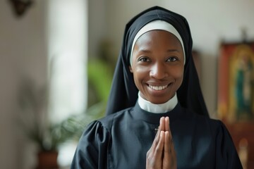 Catholic Nun Smiling in Prayer: Portrait of Happy African American Woman in 30s