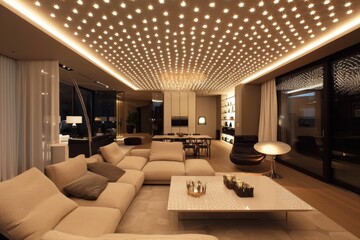 Wall Mural - Ceiling Lights Enhancing the Modern Interior Design of a Luxury Spacious Living Room