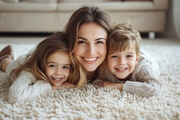 happy mom with two children on the floor in room, Generative AI