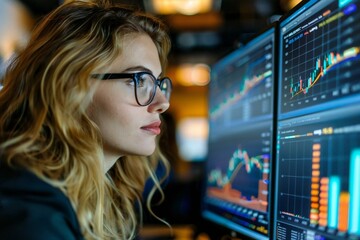 Poster - female analyst studying KPI data on a computer screen in a professional office setting.