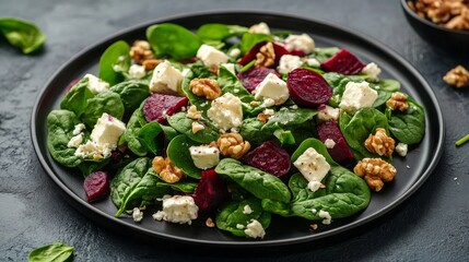 Wall Mural - Black plate salad with spinach, feta, beetroot, walnuts and onion.