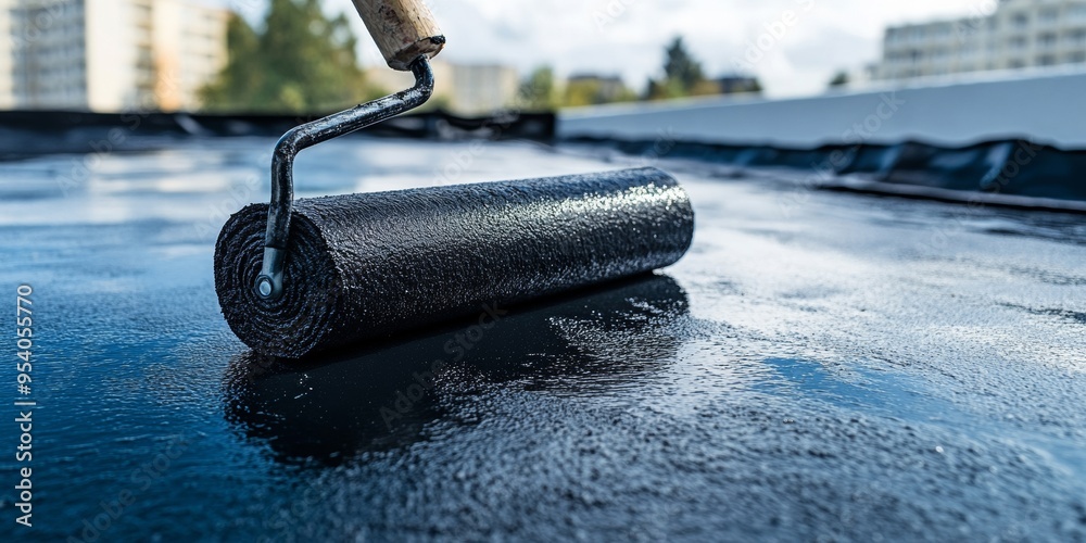 Black roller brush in action applying waterproof coating on rooftop ...