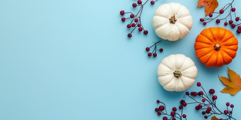 A serene arrangement showcases orange and white pumpkins alongside colorful autumn leaves and berries on a pastel blue backdrop.