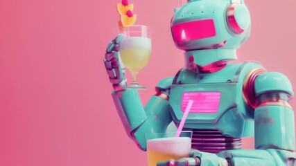 Poster - Retro-styled robot holding a tropical drink against a pink background. Playful fusion of technology and leisure with a vibrant and fun aesthetic