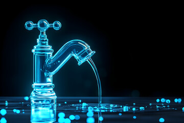 Wall Mural - Neon blue faucet icon with glowing water droplets isolated on black background.