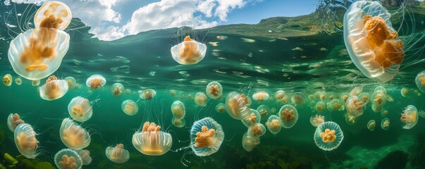 A mesmerizing underwater view of a massive swarm of moon jellyfish, peacefully floating near the ocean surface. Free copy space for text.