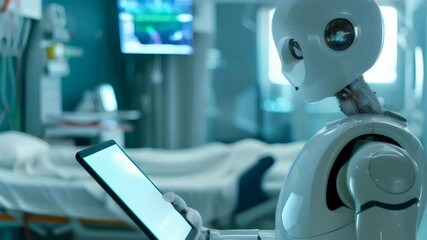 Poster - White humanoid robot holding a tablet in a hospital, symbolizing AI and robotics in healthcare.