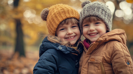 Wall Mural - two children in warm clothes in autumn park portrait Generative AI