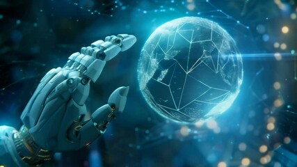 Poster - Futuristic robotic hand reaching towards a glowing digital globe, symbolizing global AI and technology network. Concept of artificial intelligence and world connectivity.