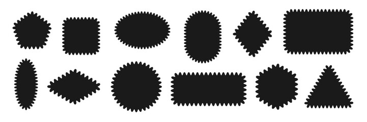 Poster - Collection of Black wavy zigzag squiggly edge Geometric shapes. Scalloped frame icon. Rectangle Ellipse triangle rhombus silhouette Box. Simple empty Tag Label Stamp mark Badge element for design