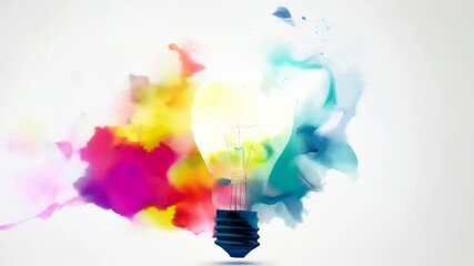 Poster - Bright colorful lightbulb splattered with paint on white background, symbolizing creativity and innovation in technology. Represents ideas, AI, and future possibilities.