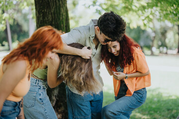 Wall Mural - Group of friends having fun outdoors, laughing and playfully messing up each other's hair in a park setting.