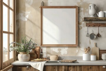 Sticker - A kitchen with a white framed mirror above a sink, generative ai image