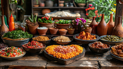 Wall Mural - A table full of Mexican food with a heart shaped bowl in the middle. The table is covered with various bowls of food, including chips, salsa, and other Mexican dishes