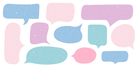 Poster - Cute Abstarct Speech bubble with scratched texture collection. Grunge Message clouds set. Hand drawn Chatting icon. Kids Playful text bubbles in pastel colors. Vector illustration