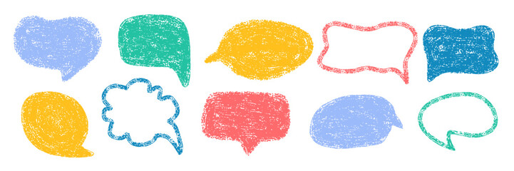 Poster - Cute Crayon Drawn Speech Bubble set. Pencil Chalk Texture Message clouds. Text Box collection. Doodle Child's drawing communication empty Balloon. Playful Element for Kids design
