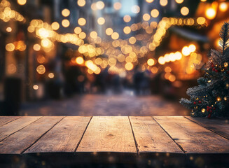 Wall Mural - Tiny Christmas tree with wooden table