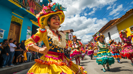 A vibrant street parade with colorful costumes and joyful participants.