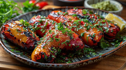 Wall Mural - A plate of peppers with a sprinkle of salt and pepper. The peppers are red and green and are arranged in a bowl