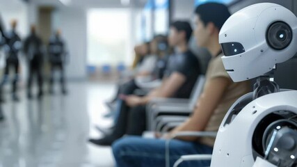 Aufkleber - Humanoid robot sitting in a waiting room alongside humans, symbolizing the integration of AI into everyday life. Future of human-robot coexistence.