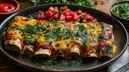 Wall Mural - A plate of enchiladas with a side of guacamole and salsa. The dish is colorful and appetizing, with a variety of toppings and sauces. The presentation is inviting and makes the food look delicious